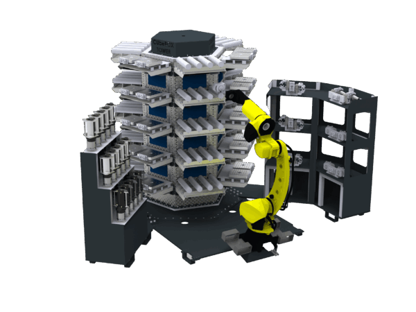 Tour robotisée pour palettes de serrage, étaux et outils de coupe